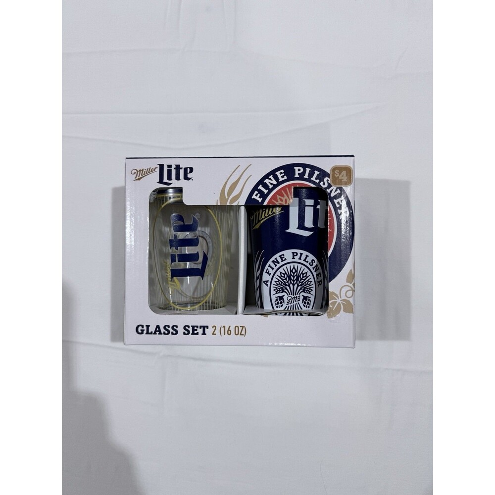 "NEW" Miller Lite Beer Glasses Gift Set  2 Pack 16oz. Bar Pint